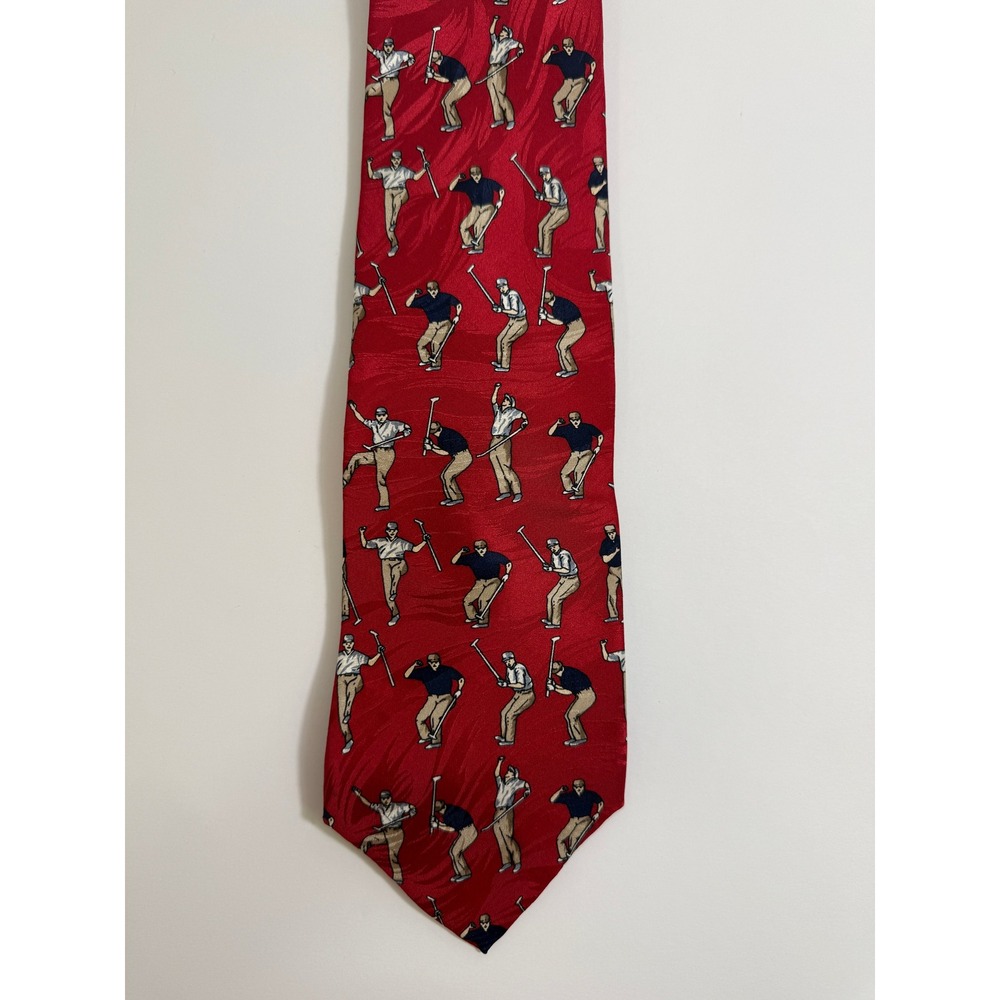 Vtg Museum Artifacts Silk Tie Red Golf Swing Novelty Wide 4" Golfer 90s USA